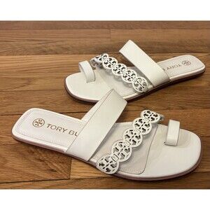 Tory Burch Tiny Miller Toe Ring Leather Sandal Ivory White Size 8.5 Logo